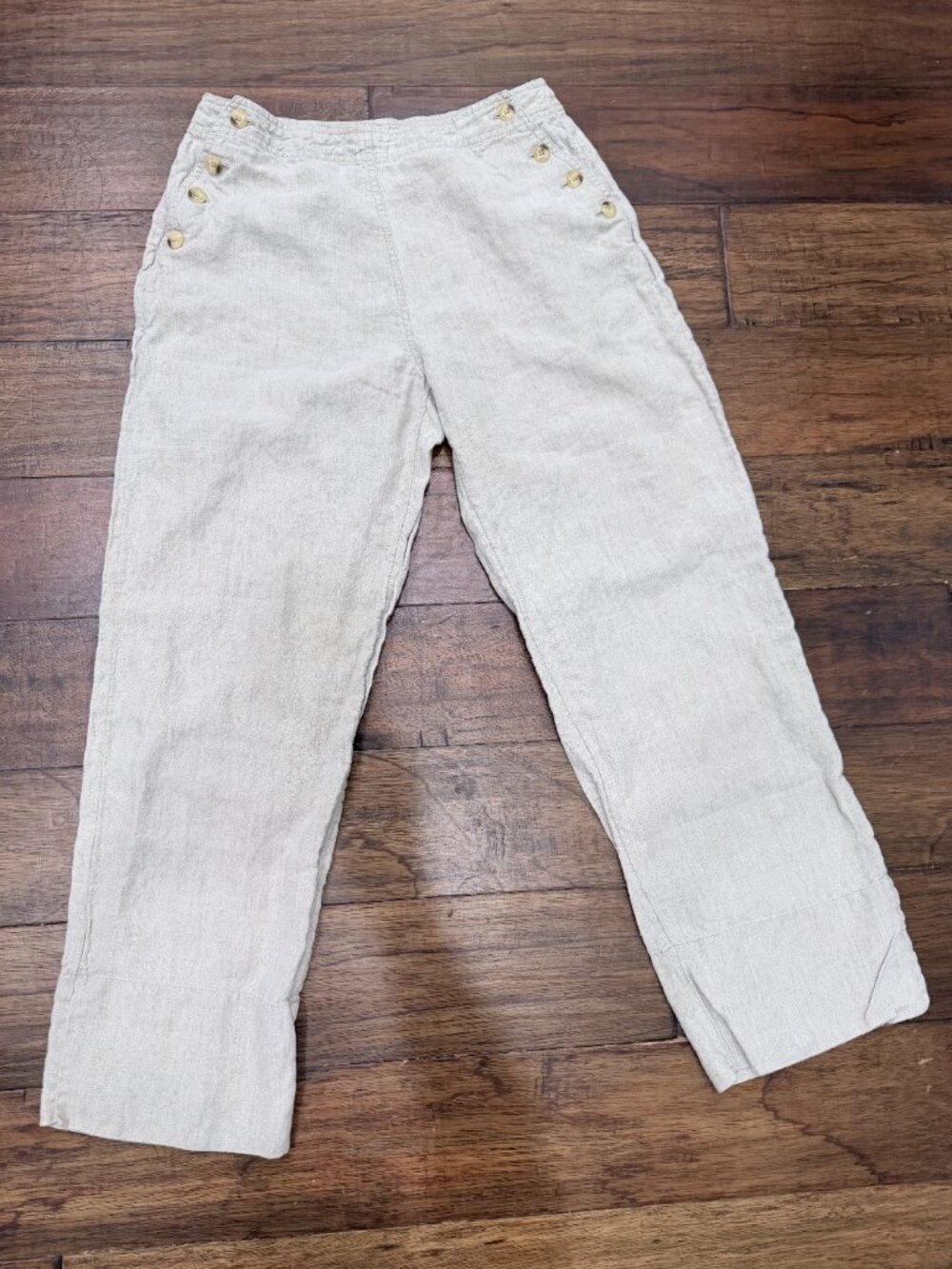 J. Jill 100% Linen Sailor Button Cropped Pants Oatmeal Beige Sz 8 -more like a 6